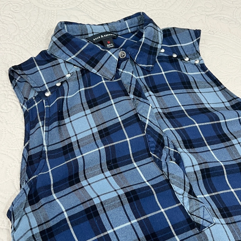 Rock & Republic‎ Blue Plaid Sleeveless Tunic Top Studded Side Lace Up Womens M